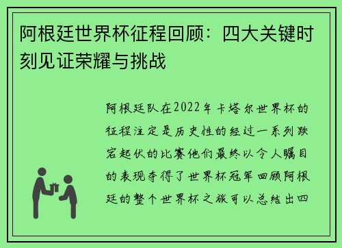 阿根廷世界杯征程回顾：四大关键时刻见证荣耀与挑战