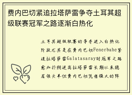 费内巴切紧追拉塔萨雷争夺土耳其超级联赛冠军之路逐渐白热化